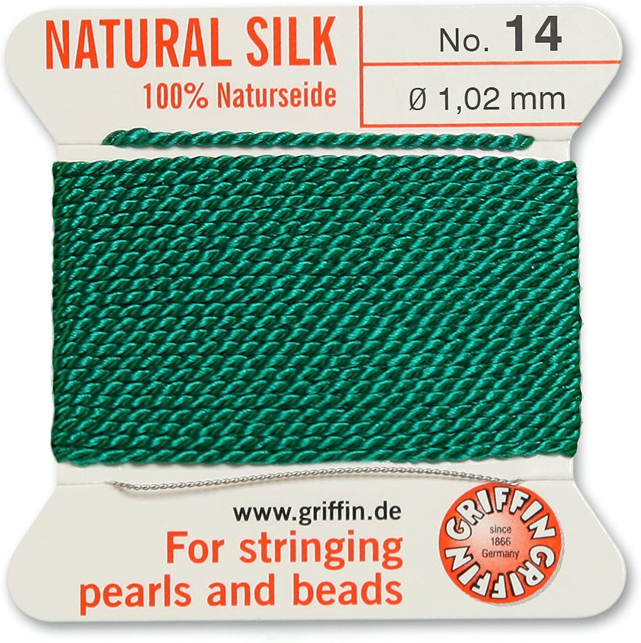Griffin Silk Bead Cord Perlseide – Size 14 (1.02mm) – 2 Meters per Card – Stainless Steel Needle Attached – for Knotting Pearls, Gemstones, Crystals and Beads